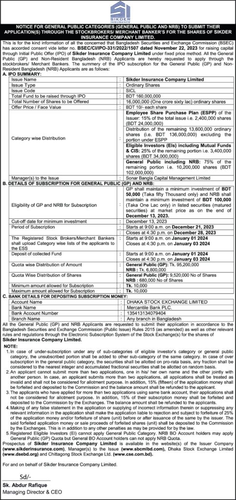 NOTICE FOR GENERAL PUBLIC CATEGORIES (GENERAL PUBLIC AND NRB) TO SUBMIT THEIR APPLICATION(S) THROUGH THE STOCKBROKERS/ MERCHANT BANKER'S FOR THE SHARES OF SIKDER INSURANCE COMPANY LIMITED.